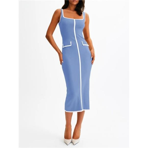 Womens Sleeveless Midi Dress Square Neck Blue - Picture 4 of 6